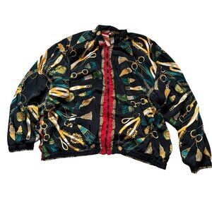 Vintage Black Multicolor Chain & Tassel Print Bomber Jacket With Red Trim